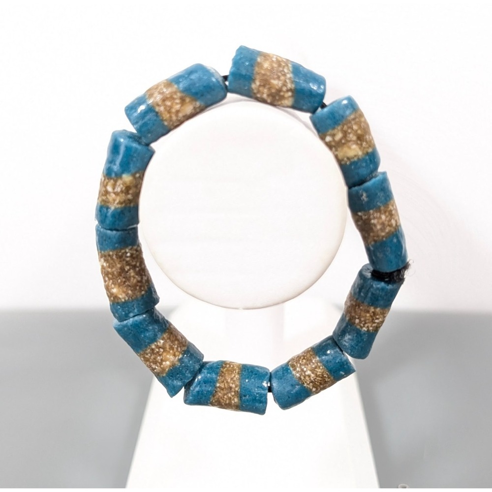 African Krobo Glass Bead Bracelet Blue Golden Stretch 7" Trade